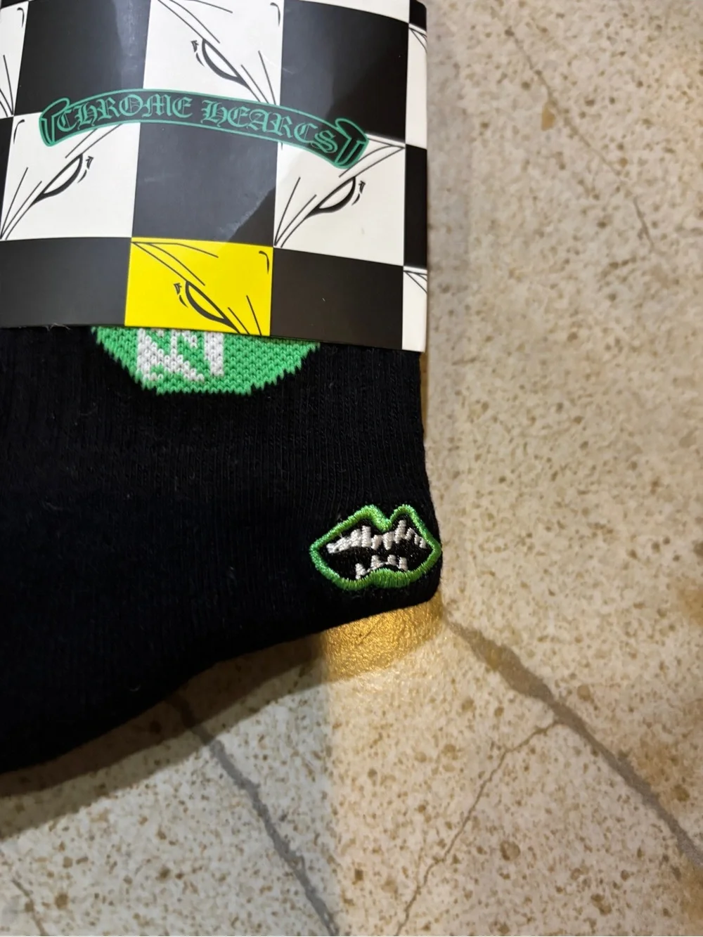 Chrome Hearts Black Socks with Neon Green Flame Motif